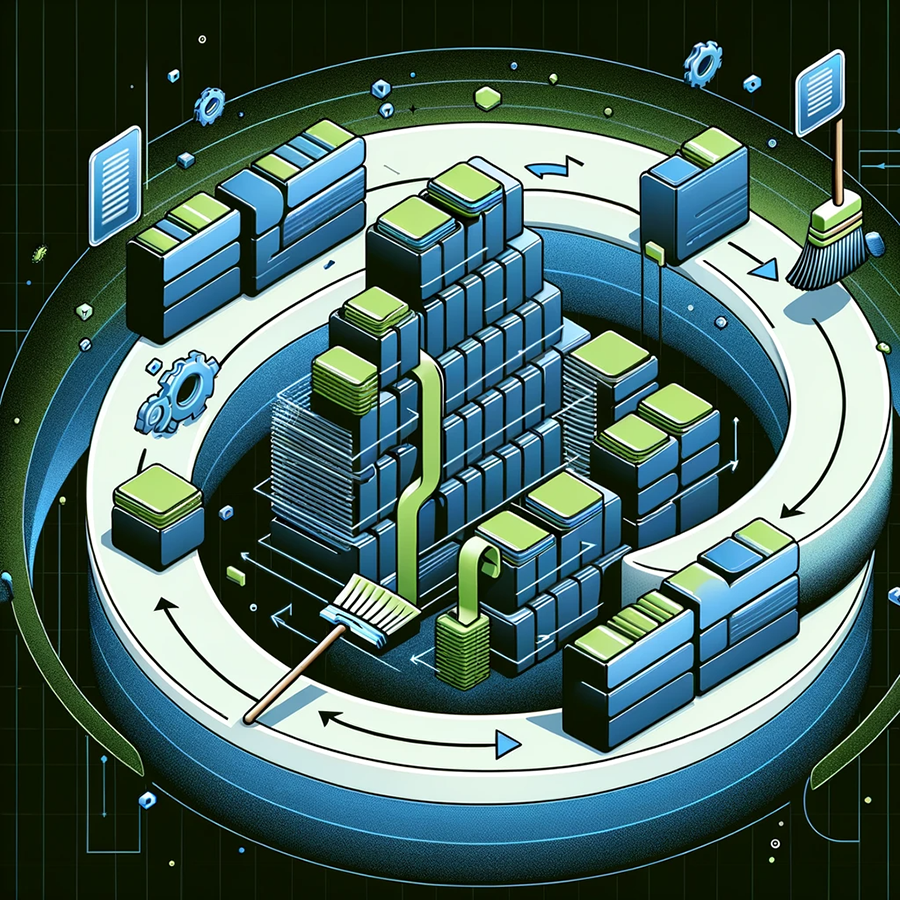  This AI-generated illustration shows a stylized computer cache as a round area that looks like a maze in blues and greens, which is being swept clean by brooms.