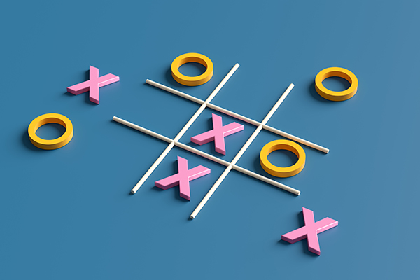  A tic-tac-toe game set on a slate blue background. The Xs are pink. The Os are yellow.